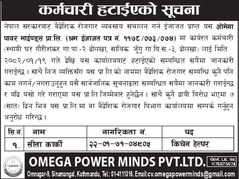 Notice for Staff Terminate publish on Madhyanha Daily 23 Baishakh 2082